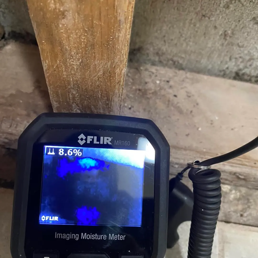 A moisture meter reading 8.6 percent against a structural beam